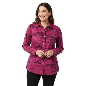 Chico's Large Pink Black Asian Scene Print Tunic Shirt Blouse Long Sleeve Button